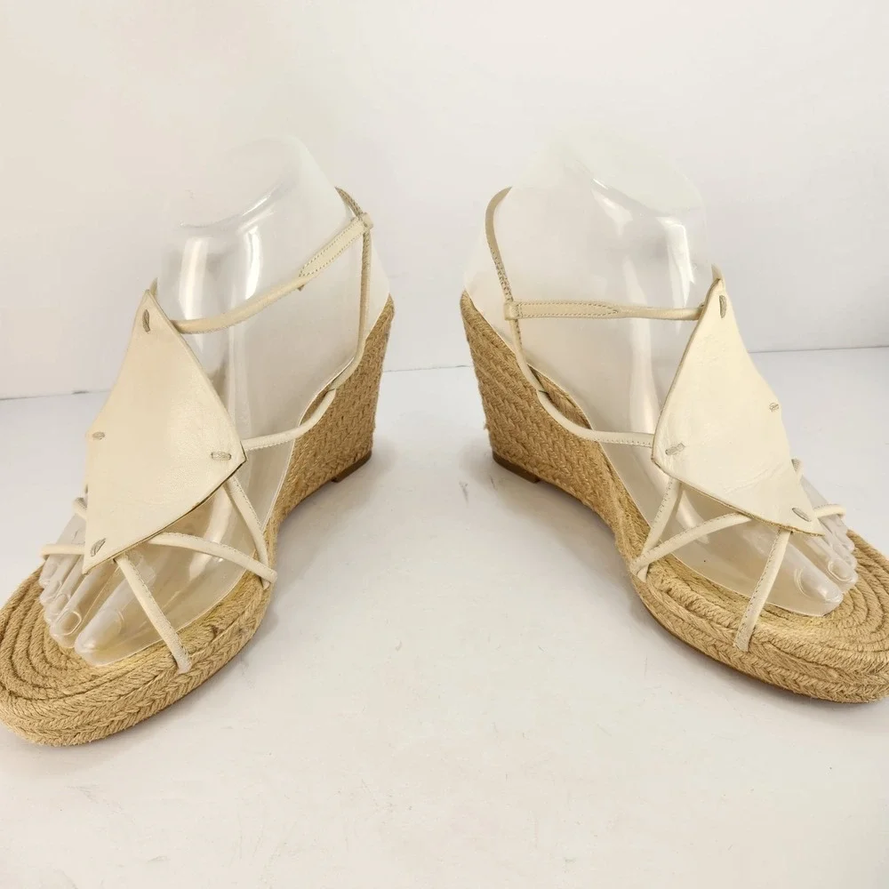 Tory Burch Women's Elegant‎ Minimalist Straps Espadrilles Wedge Sandals Ivory 8M